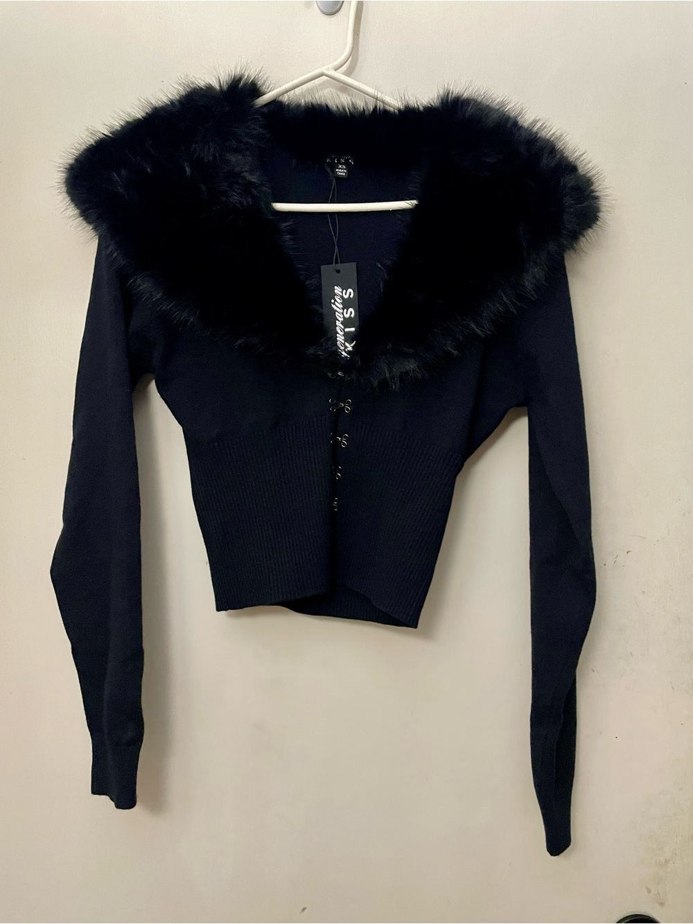 Dolls Kill Generation Kiss Black Faux Fur Trim Cardigan Sweater size XS NWT